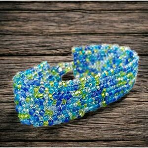 Boho Chic Beaded Bracelet, Green & Blue Seed Bead Jewelry, Herringbone 6"